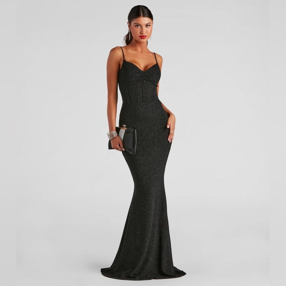 Windsor Kelsie Formal Black Glitter Mermaid Dress - prom black tie wedding guest